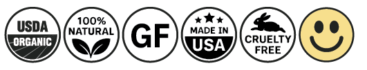 USDA Organic, 100% Natural, Gluten Free, Made in USA, Cruelty Free, Kind Lips smiley icons